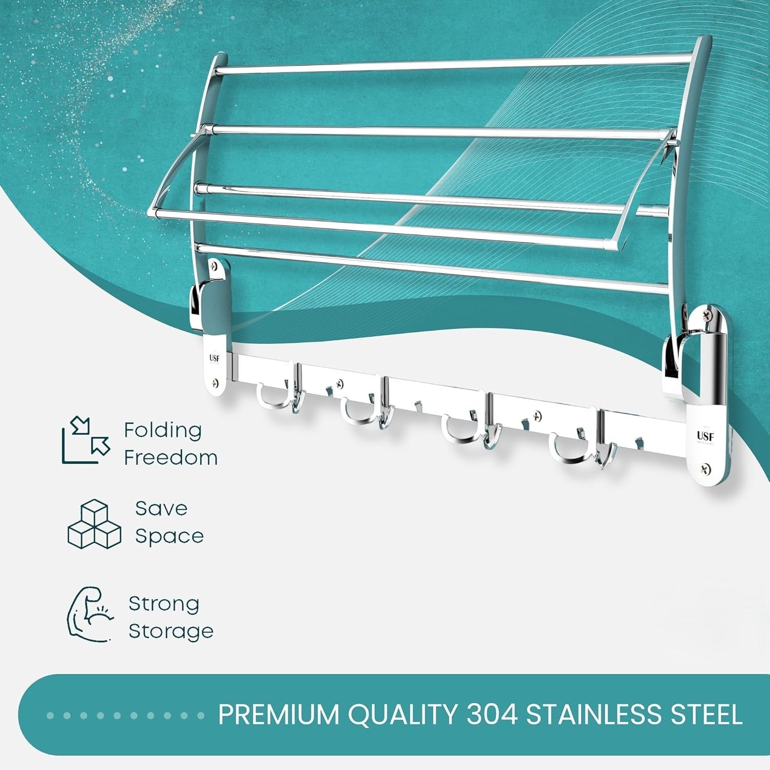 Heavy-Duty Stainless Steel Bathroom Towel Rack with Foldable Shelf, Towel Bar & Hooks – Space-Saving Wall Storage Solution (Chrome Finish - Length 60cm)