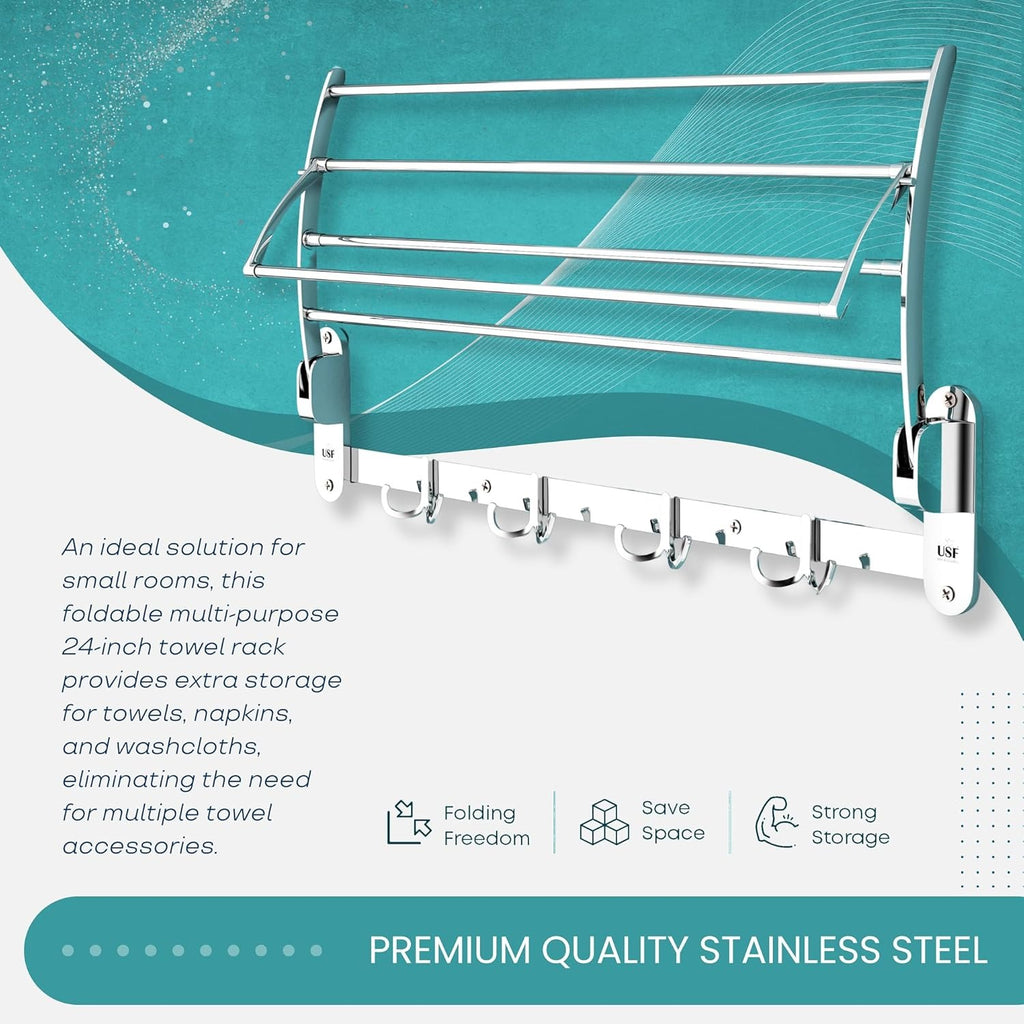 Heavy-Duty Stainless Steel Bathroom Towel Rack with Foldable Shelf, Towel Bar & Hooks – Space-Saving Wall Storage Solution (Chrome Finish - Length 60cm)