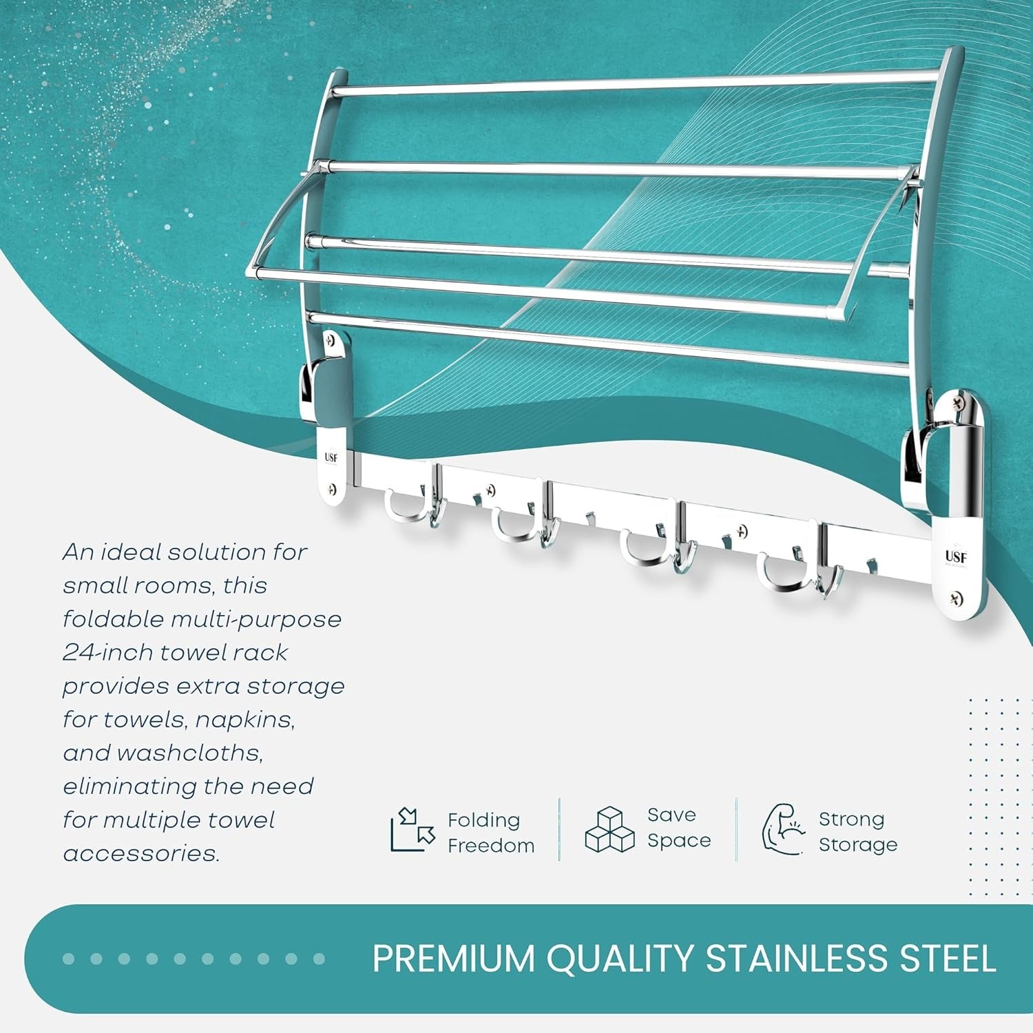 Heavy-Duty Stainless Steel Bathroom Towel Rack with Foldable Shelf, Towel Bar & Hooks – Space-Saving Wall Storage Solution (Chrome Finish - Length 60cm)