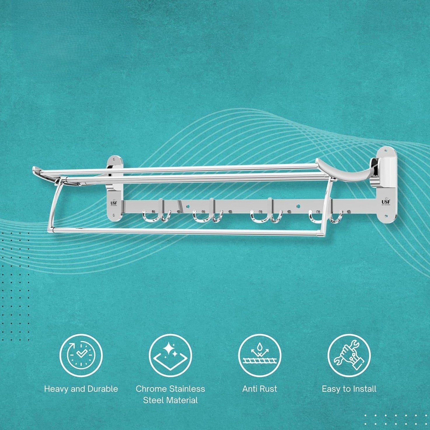 Heavy-Duty Stainless Steel Bathroom Towel Rack with Foldable Shelf, Towel Bar & Hooks – Space-Saving Wall Storage Solution (Chrome Finish - Length 60cm)