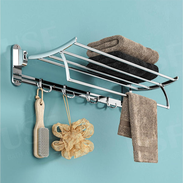 Heavy-Duty Stainless Steel Bathroom Towel Rack with Foldable Shelf, Towel Bar & Hooks – Space-Saving Wall Storage Solution (Chrome Finish - Length 60cm)