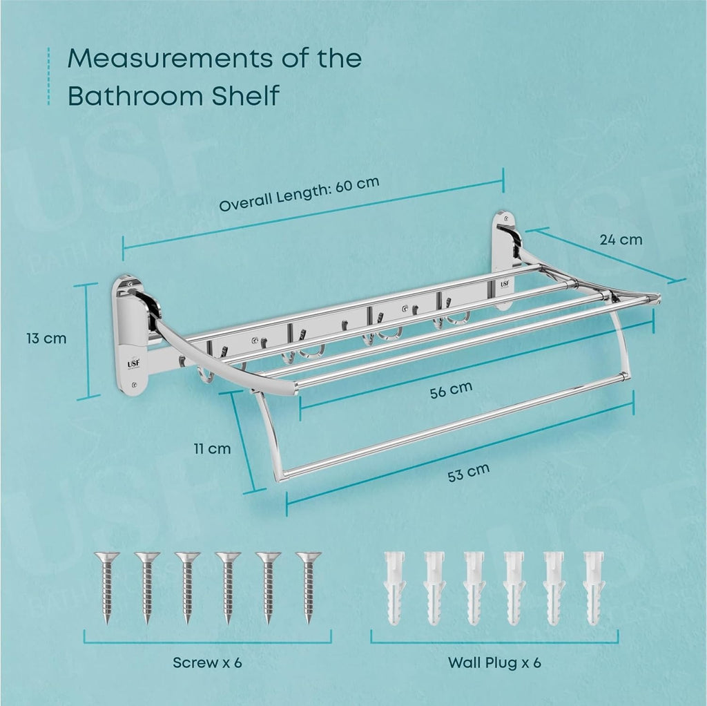 Heavy-Duty Stainless Steel Bathroom Towel Rack with Foldable Shelf, Towel Bar & Hooks – Space-Saving Wall Storage Solution (Chrome Finish - Length 60cm)